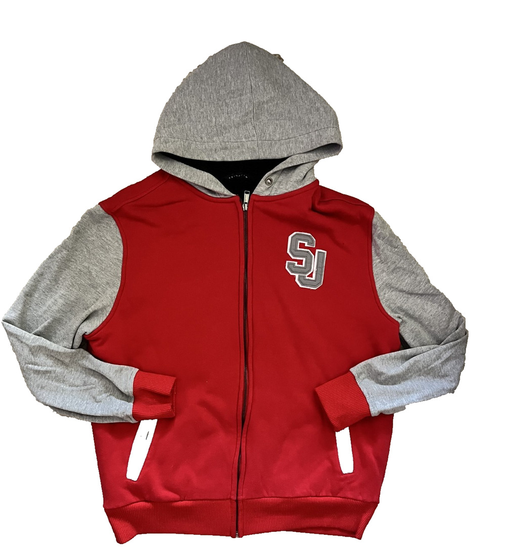 Men's Large Sean John Varsity Red Gray Jacket Cotton Fuzzy Interior Heavy Cozy